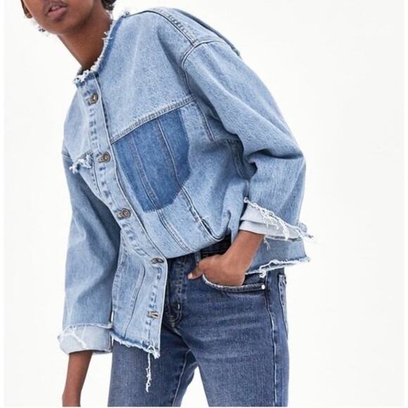 ZARA TRF Collarless Frayed Denim Jacket Size XS - Picture 2 of 14